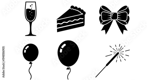 Festive Birthday Icons with Cake Slice Balloon and Sparkler