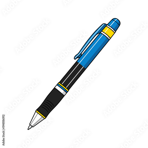A blue and black pen with yellow accents