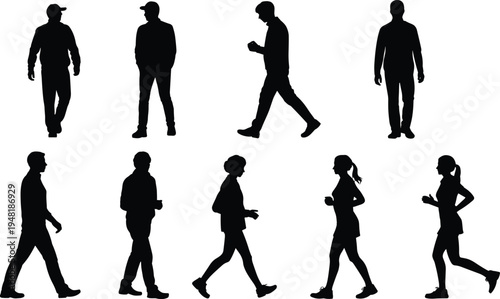 Walking and jogging people silhouettes set in different poses, men and women isolated on light background for urban lifestyle and fitness design