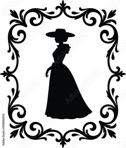 Vintage woman silhouette in elegant dress and hat framed by ornate floral border, 