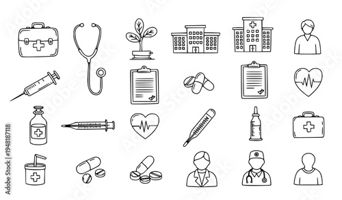Medical and healthcare doodle icon set with hospital doctor patient and stethoscope outline vector