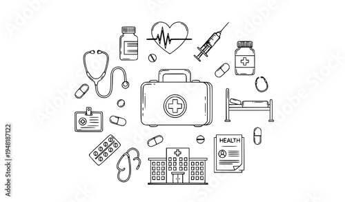 Hand drawn medical doodle icon collection with hospital doctor patient and healthcare symbols
