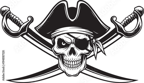 Pirate skull vector illustration with tricorn hat, eye patch, bandana, crossed swords emblem, Jolly Roger theme, danger rebellion adventure design, black white artwork