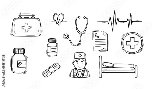 Healthcare doodle icons with medical bag stethoscope doctor and hospital outline vector set