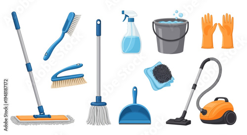 Cleaning Supplies and Household Tools Collection on White Background