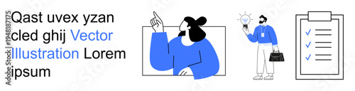 Business strategy, innovation, progress tracking, organization, productivity, creative workflow. Person pointing up, figure with light bulb and a checklist. Business strategy and innovation concept