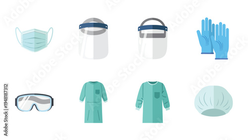 Personal Protective Equipment (PPE) Icons Set. Medical Safety Gear: Face Mask, Shield, Gloves, Gown, Goggles, Cap. Healthcare Supplies