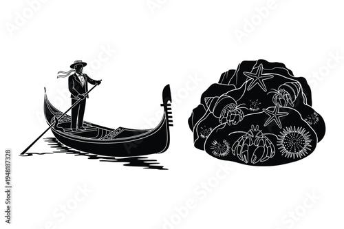 Gondola boat and coral reef illustration with black and white