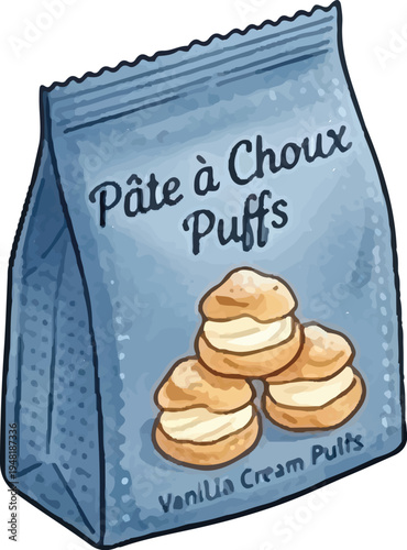 Pâte à Choux Puffs Vanilla Cream Vector Illustration Blue Bag Packaging with Stacked Cream Puffs Cartoon Style
