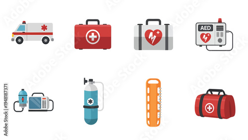 Emergency Medical Services and First Aid Flat Icons. Healthcare, ambulance, AED, medical equipment, rescue tools.