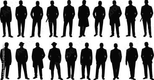 Business men silhouettes collection, standing male figures in suits isolated on white background, profbackground, professional people flat vector professional people flat vector illustration
