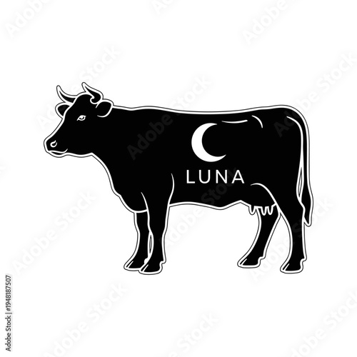 A black cow with a crescent moon and the word luna on its side