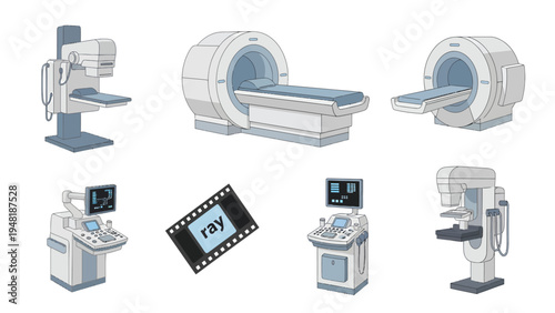 Diagnostic Medical Imaging Equipment Set: X-ray, MRI, Ultrasound, Mammography Machines for Healthcare Technology