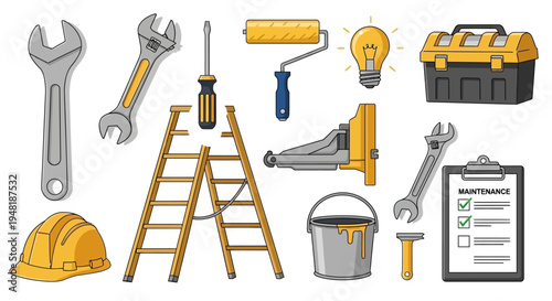 Maintenance and Home Repair Tools Set with a Hard Hat and Checklist
