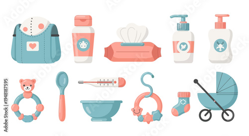 Baby Care Essentials Collection Featuring Various Infant Objects