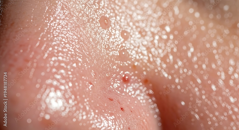 Fototapeta premium Close-up of human skin with sweat droplets and texture.