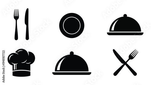A comprehensive analysis of restaurant and food service icons featuring various kitchen utensils and serving dishes
