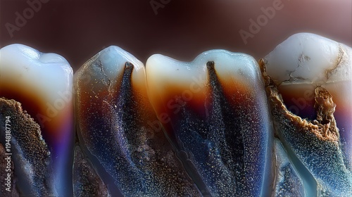 A close-up view of decayed teeth with visible roots and dark discoloration