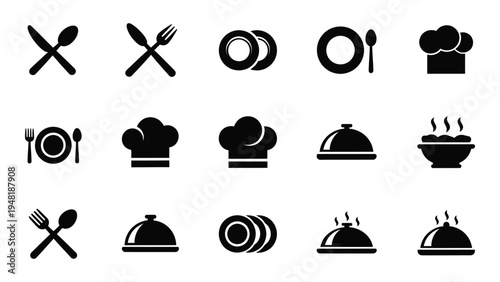 A comprehensive collection of black and white restaurant icons featuring various kitchen utensils and food symbols