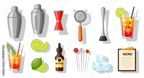 Cocktail Equipment and Drink Preparation Essentials Flat Lay