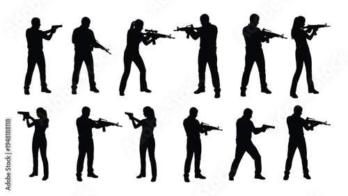 Collection of black silhouette figures depicting various gun handling and shooting poses for military, law enforcement, or gaming illustrations