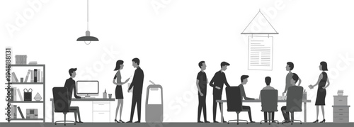 Business office teamwork collaboration meeting workplace employees discussion corporate team communication strategy modern workspace flat vector illustration design