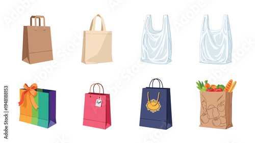 Variety of shopping bags: paper, plastic, canvas tote, and colorful gift bags for retail, groceries, and presents