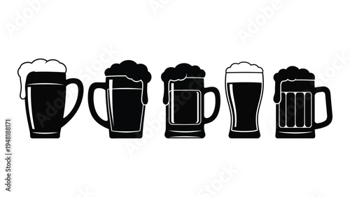 A collection of five black and white beer mugs with varying foam levels on a plain background