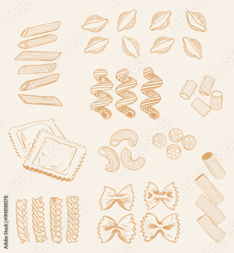 Pasta icons. Macaroni food symbols with penne, farfalle, fusilli, ravioli, spaghetti, tortellini, lasagna, fettuccine, traditional italian noodles types. Vector hand drawn set. Seamless pattern pasta