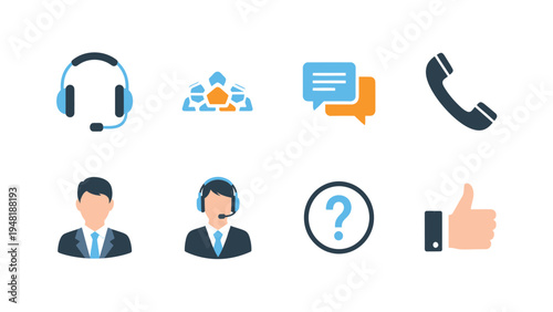 Customer Service & Support Flat Icons. Communication, Help Desk, Call Center, Contact Us, Feedback Symbols Set