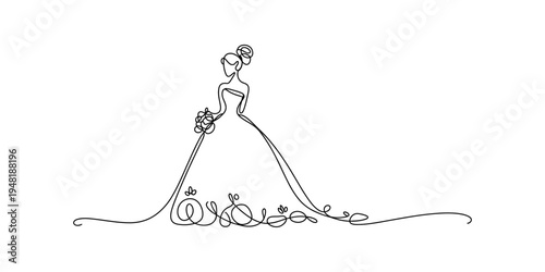 Minimalist single continuous line drawing of a beautiful bride holding a bouquet of flowers Vector, illustration