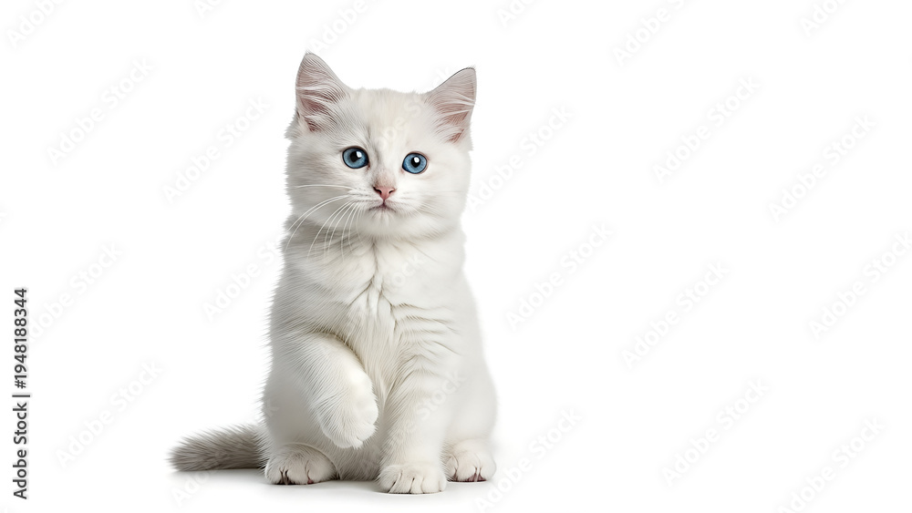 Obraz premium A fluffy white kitten with bright blue eyes sitting on a white background, raising one paw.