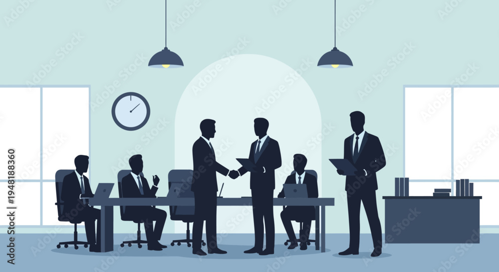 Fototapeta premium Business professionals in silhouette collaborate and finalize an agreement in a sleek, modern office meeting room setting.