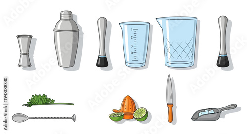 Bar Tools Collection for Cocktail Making Essentials on White Background
