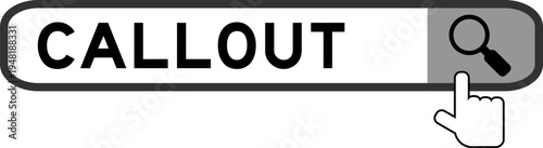 Search banner in word callout with hand over magnifier icon on white background