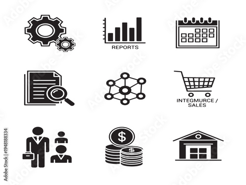 Professional ERP interface icons collection with integrated business management visuals
