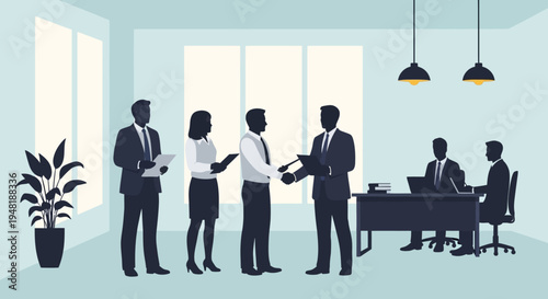 A dynamic business teamwork silhouette illustrates a successful agreement and collaborative spirit in a modern office meeting room environment.
