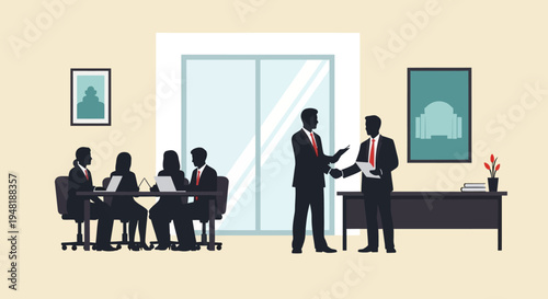 Professional business people in silhouette collaborate during a modern office meeting, while two executives finalize a successful agreement with a handshake.