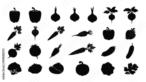 A comprehensive collection of black silhouette icons representing various fresh fruits and vegetables on a white background for design and educational purposes