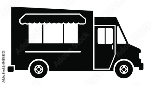 A black and white illustration of a food truck with a window and awning, parked and ready to serve customers at an event or festival with a simple design