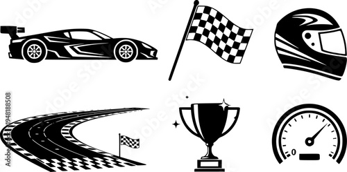 Set of racing icons including car, checkered flag, helmet, track, trophy, and speedometer
