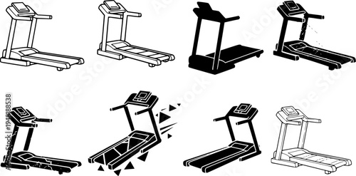 Collection of six different treadmill icons in various styles and textures for fitness and exercise
