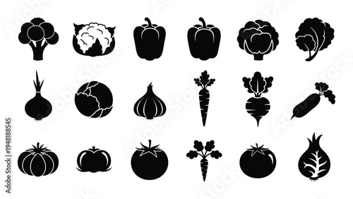 A comprehensive collection of vegetable icons in black and white silhouette style for various design applications