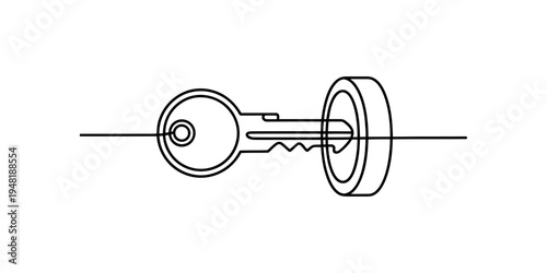 A continuous line drawing of a metal key inserting into a circular lock against a white background Vector, illustration