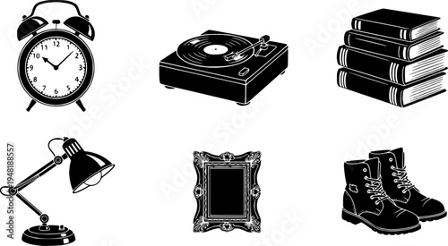 Collection of icons representing items for sale at a garage sale or flea market
