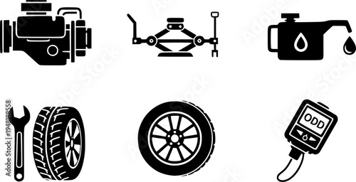 Collection of car repair and maintenance icons including engine, jack, wrench, oil, and diagnostic tools

