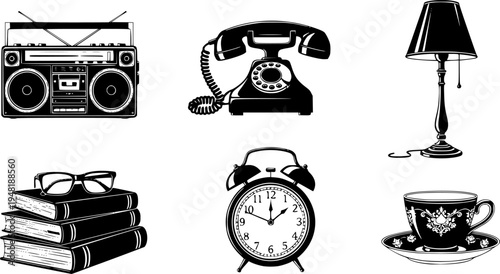 Collection of icons representing items for sale at a garage sale or flea market
