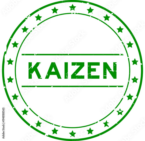 Grunge green kaizen word round rubber seal stamp on white background