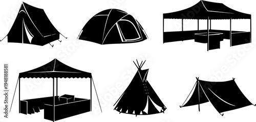 Collection of diverse tent and canopy icons for outdoor events and camping adventures
