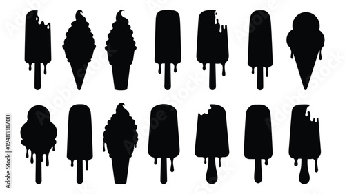 A collection of black silhouettes of various ice cream cones and popsicles on a white background